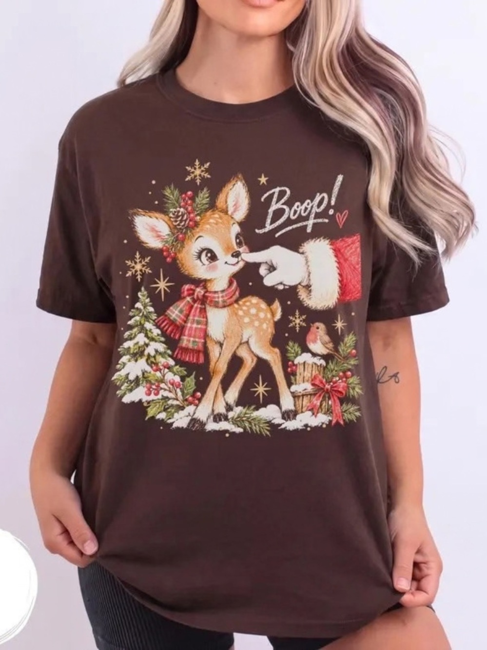 Vintage Dark Brown 'Boop!' Deer Graphic Tee, Christmas Outfit, Gift for holiday